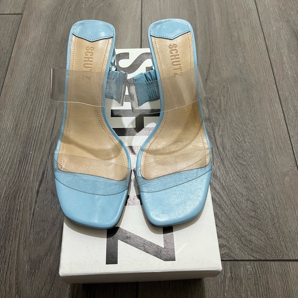 Schutz open toe light blue heels with clear strap